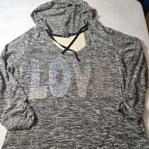 Miss Chevious Womens size 1X gray hoodie pullover Rhinestones Pockets Lace